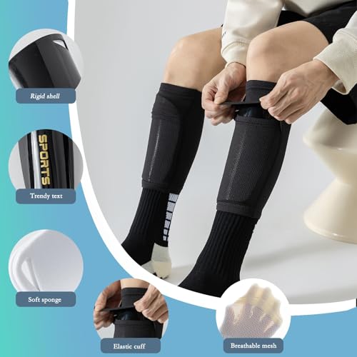 Soccer Socks with Shin Guard for Men, 1 Pairs Mens Grip Soccer Socks and 1 Pairs Shin Sleeves with Shin Guards, Footaball Equipment Shin Sleeves with Pads for Adults - color: A Black