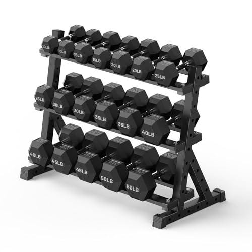 PAPABABE Dumbbell Set with Rack, 540-850lb, Rubber Encased, Home Gym | Complete & Durable Cast Iron Core Odorless PVC Antiroll Hex Shape Ergonomic Chrome Handle Versatile Home Gym - size: 540LB with 3-Tier Weight Rack