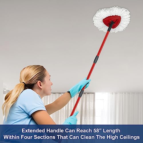 Mop Replace Heads Mop Handle and Base Replacement for O Cedar EasyWring 1-Tank Spin Mop System, 2 Microfiber Mops Refills, 4-Section Iron Mop Handle 30-58Inch and 1 Mopping Heads Cover Set (No Bucket) - color: 1 Sets Mop Handle + 2 White Heads + 1 Base