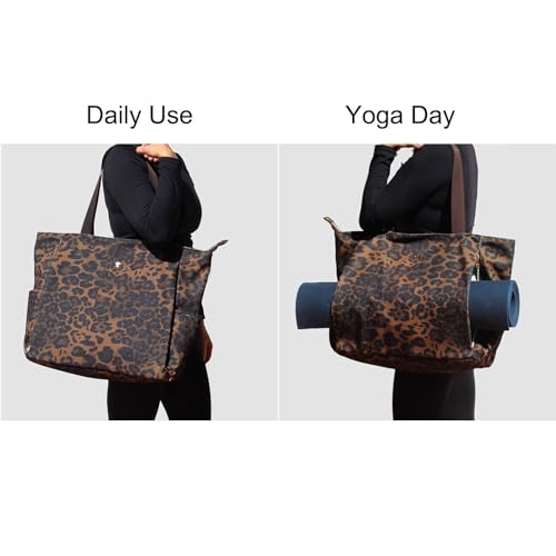 ESVAN Yoga Mat Bag Yoga Tote Carrier Shoulder Bag Carryall Tote for Office,Yoga,Pilates,Travel,Beach and Gym - color: Corduroy Brown Leopard Print