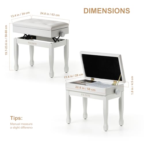Adjustable Height Piano Bench Stool PU Leather Cushion Wooden Keyboard Seat with Music Storage (White) - color: White
