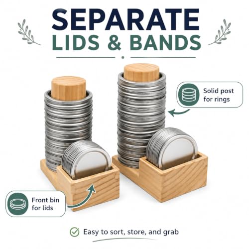 Mason Jar Lid Organizer, 2 Pack Wood Holder for Regular & Wide Mouth | Solid Pine Wood, 2-Pack Set, Regular & Wide Mouth, Holds 26 Rings & 44 Lids, Space-Saving Storage