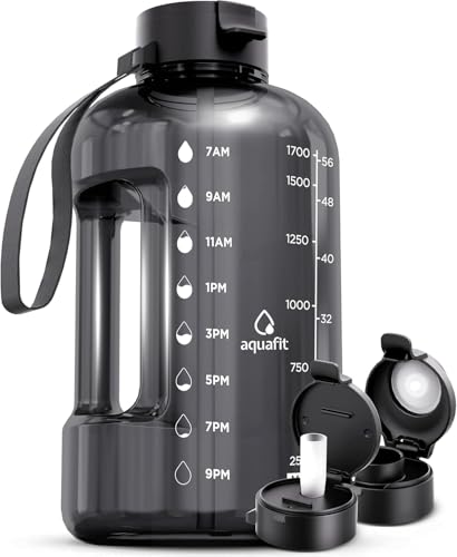 AQUAFIT Half Gallon Water Bottle with Time Marker | BPA Free Half Gallon Water Bottle with Straw and Chug Lids - Leakproof Gym Water Bottle with Carry Handle (Gray) - color: Gray, size: 64 Ounces