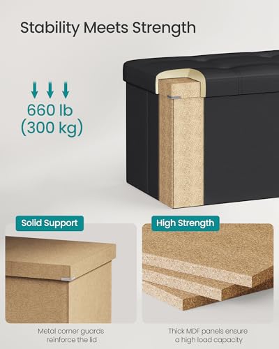 SONGMICS MAZIE Collection - 43 Inches Folding Storage Ottoman Bench, Ottoman with Storage, Foot Rest Stool, Load 660 lb, for Living Room, Synthetic Leather, Black ULSF701 - color: Black, size: 15"D x 43"W x 15"H
