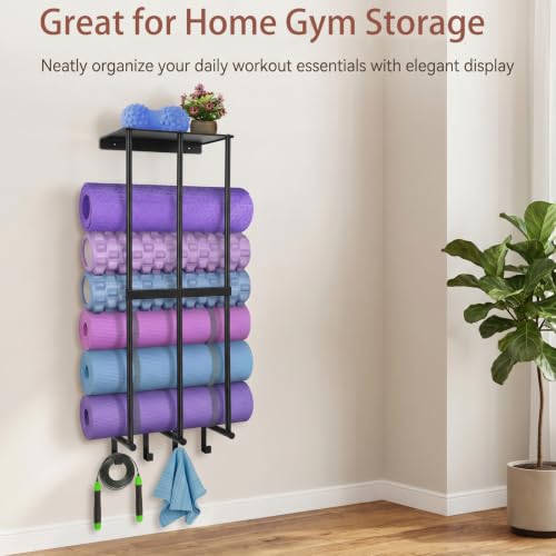 Yoga Mat Holder Yoga Mat Holder Wall Mount Home Gym Accessories Organizer,Towel Storage Rack with 4 Hooks for Hanging Foam Roller and Resistance Bands Gym Organization for Home Gym
