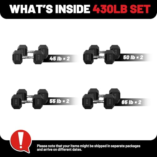 Hex Dumbbell Set 60-650lb, Weights Set Rubber Encased, Home Gym | PAPABABE Complete & Durable Cast Iron Core Odorless PVC Antiroll Hex Shape Ergonomic Chrome Handle Versatile Home Gym - size: 430 lb Set (Pair of 45, 50, 55, 65), style: Chrome Grip