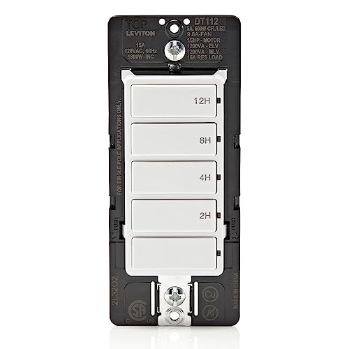 Leviton Countdown Timer Switch for household lights, heaters and exhaust fans, 2-4-8-12 hour, No Neutral Wire Required, Single Pole, 15A, 1/2 HP/9.8A Fan/Motor, DT112-1LW, White - style: 2-4-8-12 hour, No Neutral Required