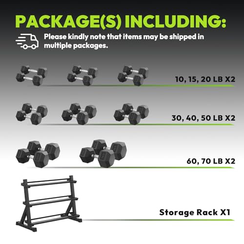 HANDBODE Rubber Coated Hex Dumbbell Set with Rack, 300-840 lb | Fixed Weights Sets with Heavy Duty Storage Stand, Multiple Weight Options Home Gym Equipment for Strength Training - style: 590 lb Set (10-70 lb) with Rack