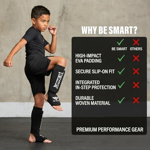 Be Smart Kids, Adults, Youth, Men and Women Muay Thai MMA Kickboxing Shin Guards, Instep Guard Training, Sparring Protective Gear Equipment Shin Kick Pads - color: Black, size: XXXS ( 3 to 8 Years )