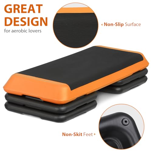 43" Exercise Aerobic Step Platform, Adjustable Fitness Stepper, with 4 Removable Risers for Home Gym Cardio Strength and Training - color: Orange