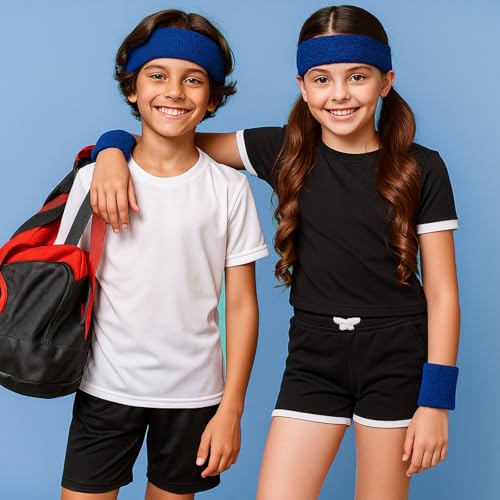 Bememo 36 Pcs Neon Sweatbands Set Soccer Party Favors Cotton Headbands Wristband Sweat Bands Soccer Mom Essentials for Football Fans Sporting Events 80 90s Glow Party - color: Dark Blue, size: Small