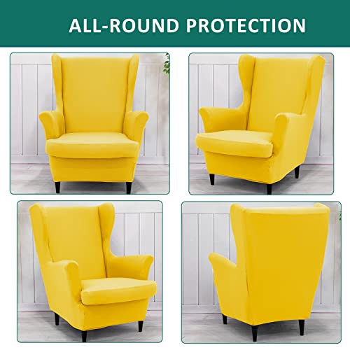 NILUOH Wingback Chair Cover 2-Piece Soft Stretch Wing Chair Slipcover Solid Color Armchair Sofa Couch Cover Furniture Protector with Elastic Bottom for Living Room Bedroom (Lemon Yellow) - color: Lemon Yellow