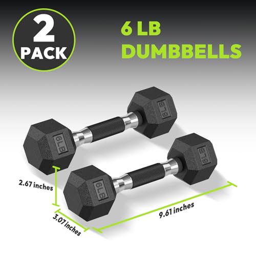 HANDBODE Rubber Encased Hex Dumbbell Pair, 2.5-65 lb | Non-Slip Handle Design for Secure & Comfortable Grip, Hand Weights for Strength Training, Fitness & Home Gym - size: 6 lb, Pair, style: Comfort Grip