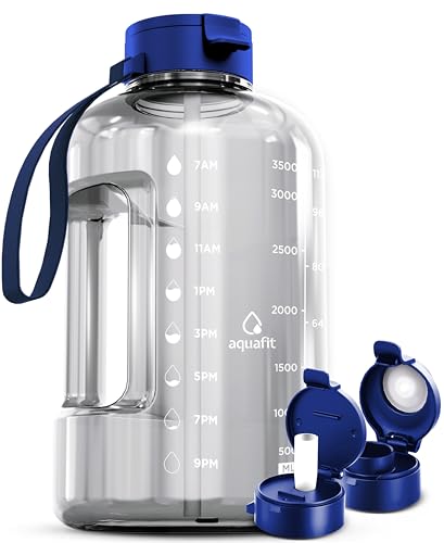 AQUAFIT 1 Gallon Water Bottle with Time Marker | BPA Free 128 oz Water Bottle with Straw and Chug Lids - Leakproof Gym Water Bottle with Carry Handle (Clarity) - color: Clarity, style: 128 oz - 2 Lids