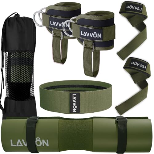 7Pcs-Barbell Pad Set for Hip Thrust - Squat Pad, Bench Press Workout Foam Weight Lifting Bar Cushion,Gym Accessories for Women with Bar Bad,with Gym Ankle Straps,Hip Resistance Bands,Lifting Strap - color: Army-Green