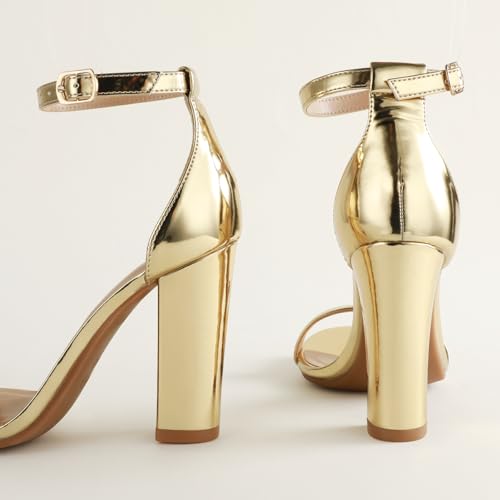 Ankis White Heels Wedding Shoes for Bride Women Chunky Heels Pearl High Heels Heeled Sandals 4 Inch - color: Gold Pu, size: 5