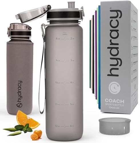 Hydracy Motivational Water Bottle with Time Marker & Fruit Infuser 32 oz | BPA-Free Tritan, Leakproof Flip-Top Lid,No-Sweat Sleeve,Carry Strap,Daily Intake Tracking for Gym,Sports,Outdoors - color: Silver Grey, size: 32 Ounces