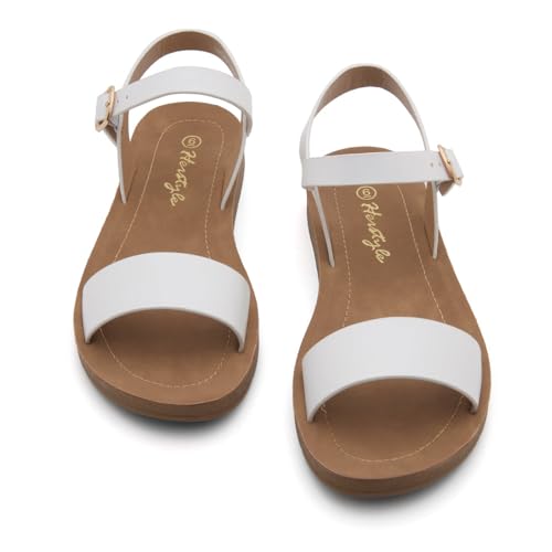 Herstyle Flat Sandals for Women – Open Toe 1 Band Ankle Strap Summer Dressy Sandals, Lightweight Casual Strappy Slip-On Flats with Adjustable Buckle - color: White, size: 6.5