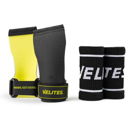 Velites - Official Crossfit® Games Quad Ultra Grips - No Chalk and Smooth Bars - Wristbands and Carry Bag Included - Pull-ups, Muscle-ups and Toes to bar - color: Black, size: X-Large