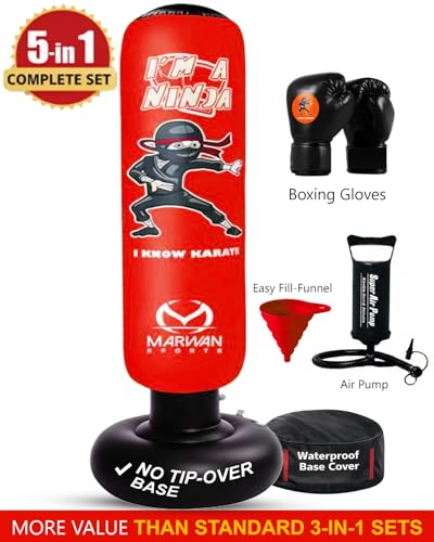 Marwan Sports Ninja Kids Punching Bag — Inflatable Sensory Toy & Birthday Gift for Boys & Girls Ages 4-12, 63" Freestanding 5-in-1 Kit, Indoor Apartment-Quiet Sensory-Friendly Active Play - color: Red (5 in 1)