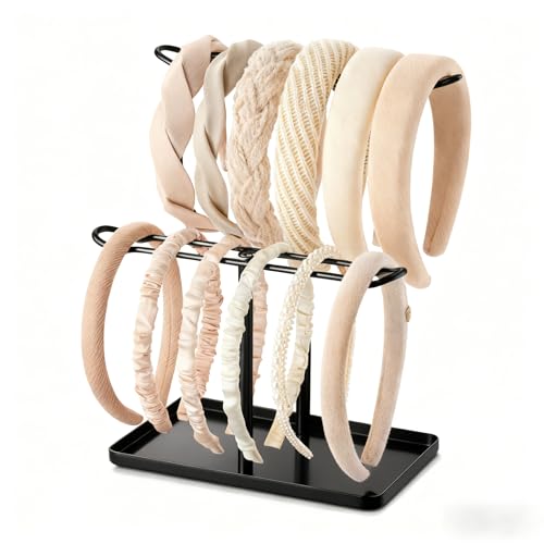 Headband Holder Organizer, 2-Tier T-bar Storage Stand with Tray for Hair Accessories Hairband Hair Clip, for Girls Women, Black - color: Black-black