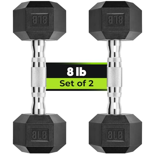 HANDBODE Hex Dumbbell Set of 2, Rubber Encased Fixed Dumbbells, 2.5-65 lb | Non-Slip Comfortable Handles, Hand Weights for Strength Training, Ideal for Home Gym Workouts - size: 8 lb, Pair, style: Chrome Handle
