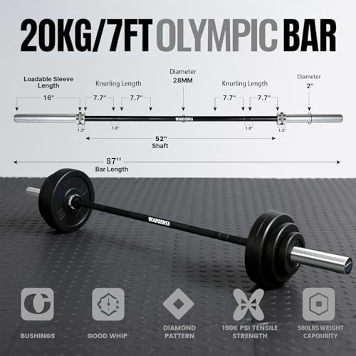 7FT Olympic Barbell 45lb,28MM 2 Inch Olympic Bar for No. 45 Steel,Olympic Weight Bars for Lifting,CrossFit,Bench Press,Deadlift,Squats,Strength Training bars - color: Black&Silver-500LBS