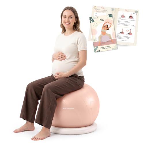 Trideer Pregnancy Birthing Ball, 1.7mm Extra Thick Yoga Ball for Maternity, Labor, Physio, Recovery, Exercise Guide & Daily Comfort Tips for All Trimesters, Anti-Burst Non-Slip Stability Ball - color: Mistyrose(with Base), size: L(23-26IN/58-65cm)