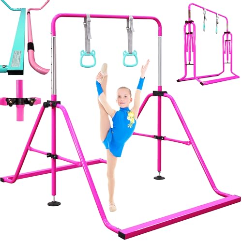 Folding Gymnastics Bar with Rings, Foldable Kip Bar with Sturdier Base, Training Bar for Kids Ages 3-10, Horizontal Bar, Home Gym Equipment for Boy Girl - color: Purple, style: Foldable Bar
