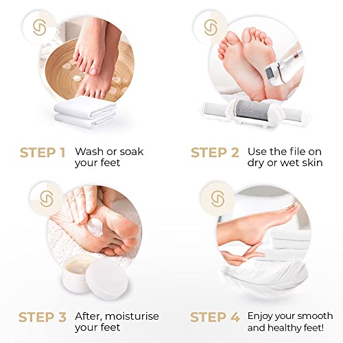 Essy Electric Foot File Rechargeable with 5 Replacement Rollers (White) | For Women's, Men's Smooth Feet, Waterproof, USB Charging, Pressure-Lock Safety - color: White