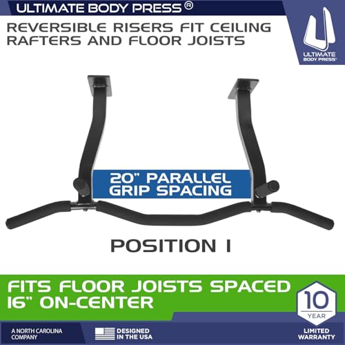 Ceiling Mount Pull Up Bar with Reversible Risers for 16 and 24 Inch Joists with Optimum Grip Spacing by Ultimate Body Press - color: Ceiling Mount Pull Up Bar