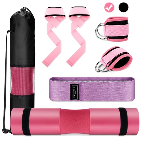 Gym Barbell Pad Set: 7 PCS Gym Equipment Accessories | Hip Thrusts Pad for Squats Ankle Strap for Cable Machine Hip Resistance Band Weight Lifting Strap and Carry Bag - color: Black