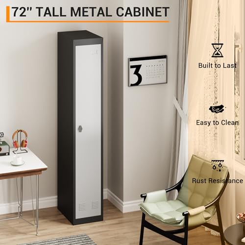 72" Tall Single-Door Metal Locker with Key, Heavy Duty Steel Storage Cabinet with Shelves, Lockable Employee Locker for School, Office, Gym, Home, Garage, Grey & Black - size: 1 Door