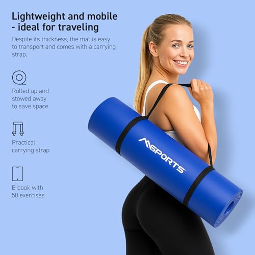 MSPORTS Yoga Mat Premium Non Slip Thick – Extra Comfortable Exercise Mat for Home Workouts, Pilates, Stretching & Gym – Cushioned NBR Foam, Gym Mat with Strap, for Women & Men - color: Blue