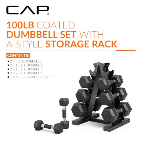 CAP Rubber Coated Hex Dumbbell Set with Storage Rack | 100–210 lb Options, Space-Saving Vertical Compact Storage for Home Gym Strength Training - size: 100 lb - Set, style: Comfort Handle