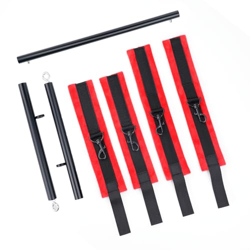 Heavy Duty Stainless Steel Expandable Spreader Bar with 4pcs PU Black--Pink Skull Pattern Detachable Adjustable Straps,Workout Bar for Home Indoor Gym Training Kit - style: Black+Red Furry Kit