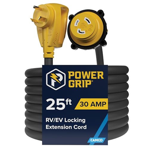 Camco PowerGrip 25-Ft 30 Amp RV Extension Cord w/Locking End - Features NEMA TT-30P Male & Marine-Style L5-30R Locking Female Connectors - Rated for 125V/3,750W - 100% Copper 10-Gauge Wire (55501) | 25-Ft 30a Rv Extension Cord, Nema Tt-30p Male to Marine-