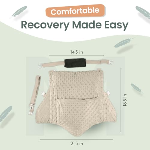MOYOAMA Hysterectomy Pillow Post Surgery – Form-Fit Support Shield with Secure Straps, 2 Pockets, & Cozy Muff – After Hysterectomy Recovery Must-Haves, Post-Op C-Section Pillow Post Surgery Gifts - color: Sandstone Beige