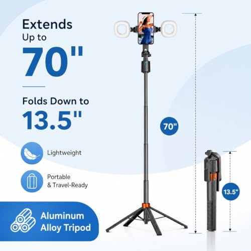 70" Auto Face Tracking Tripod with Light, 360° Smart Phone Stand with Remote, Selfie Stick for iPhone Android, No App Needed, Video Recording Vlogging Live Streaming