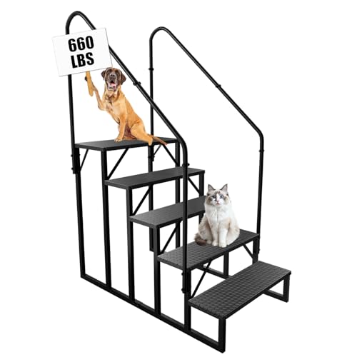 RV Stairs 5 Step Ladder, RV Steps Anti-Slip, Hot Tub Steps with Handrail, 660 lbs RV Ladder for 5th Wheel RV, Mobile Home Stairs（2 Handrails - style: 5 handrails Step