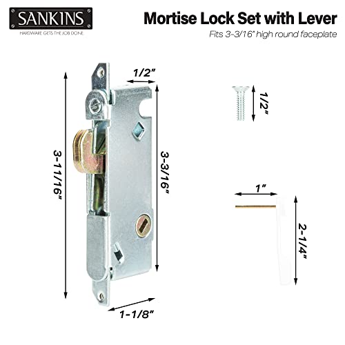 Mortise Lock with White Latch Lever, Adjustable Spring-Loaded Hook Latch Projection for Sliding Patio Doors, 45 Degree Angle Keyway, Fits 3-11/16” Hole Spacing, Round-End Faceplate - color: White, size: Mortise Lock+Latch Lever