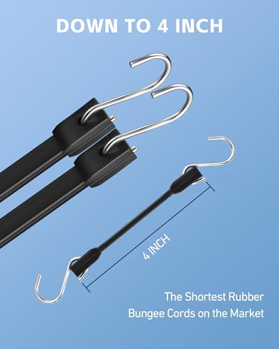 4 Inch Short Rubber Bungee Cords Heavy Duty Outdoor, Mini Small Bungee Straps with Upgraded Hooks, Black Tarp Straps with 1.9X Max Stretch & 100% Rubber for Cargo, Van, Truck, Motorcycle, etc (9 Pcs) - size: 4'', style: 100% Rubber