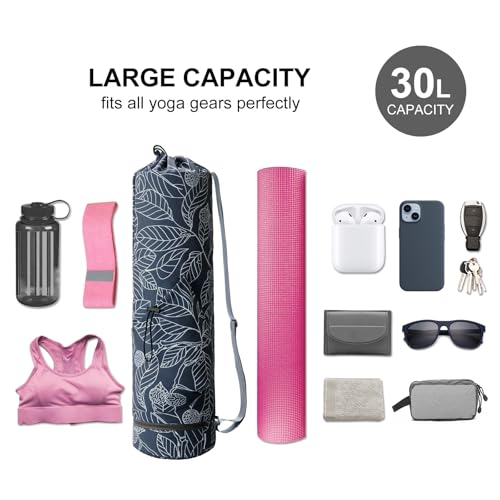 sportsnew Yoga Mat Bag with Water Bottle Pocket & Wet Pocket for Women | Yoga mat carrier fits 1/8"-3/8" yoga mats, quick-access multi-pocket organization, lightweight for gym, Pilates & studio - color: Blue Leaf, size: Medium