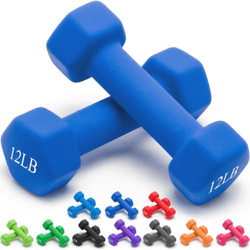 Portzon 8 Colors Options Compatible with Set of 2 Rubber Dumbbell Weight, 5-50 LB, Anti-Slip, Anti-roll, Hex Shape - color: Dark Blue, size: 12-Pound,Pair, style: Neoprene Dumbbells