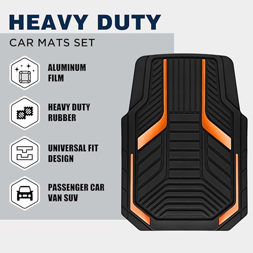 PIC AUTO Heavy Duty Rubber Floor Mats, Orange Aluminum Film Car Mats Set, Front and Rear Car Mats with Anti-Slip Backing, All Weather Protection, Trim-to-Fit for Automotive SUV, Sedan, Van - color: Orange