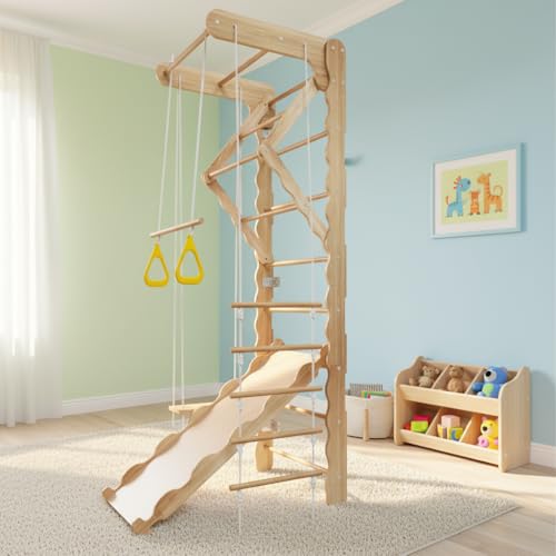 Indoor Wooden Climbing Wall Set, Natural Pine Material, 78.7x23.6 Inch Wall-Mounted Kids Gym with Slide, Rings and Rope Ladder, Weight Capacity 100 Pounds