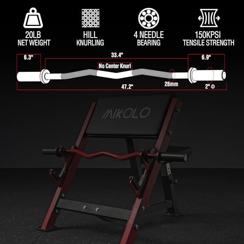 Mikolo EZ Curl Bar, 2 Inch Olympic Curl Bar for Biceps and Triceps, 47” Curling Bar with Knurled Grip, 700LB Barbell Bar with Multi-Angle Wrist-Friendly Design - color: Red - EZ Curl Bar - Bar Only