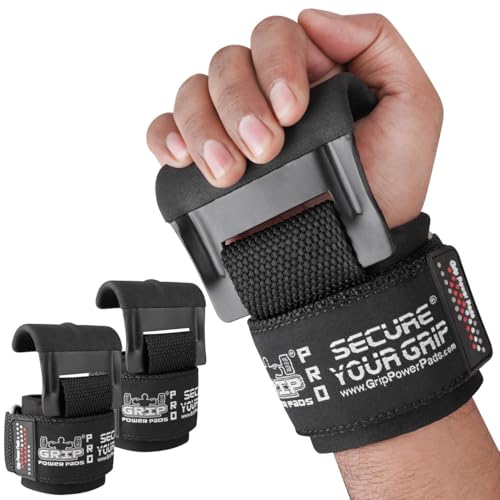 Heavy Duty PRO Metal Lifting Steel Hooks Power Weightlifting Set of 2 Premium Thick Padded Workout Hook Gloves (Men-Wrist Size Large, Patented Reversed Hooks Big Grip)