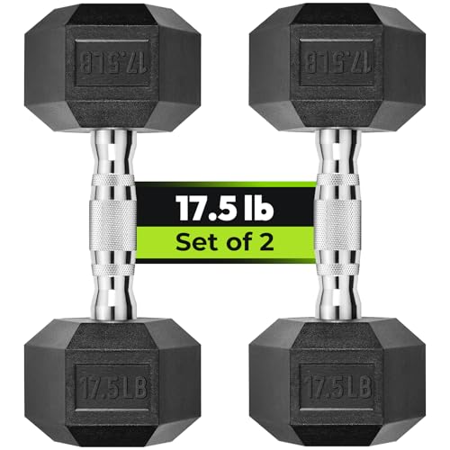 HANDBODE Hex Dumbbell Set of 2, Rubber Encased Fixed Dumbbells, 2.5-65 lb | Non-Slip Comfortable Handles, Hand Weights for Strength Training, Ideal for Home Gym Workouts - size: 17.5 lb, Pair, style: Chrome Handle