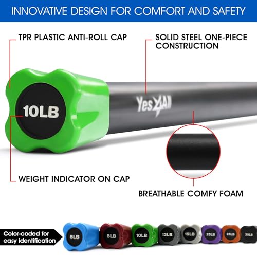 Yes4All Total Body Workout Weighted Bar, Resistance Band Bar, Racks for Strength Training, Exercise Bar for Yoga in Home and Gym - Single/Combo - color: Color-Coded, style: Set of 10 + 15 + 20lbs Weighted Workout Bars